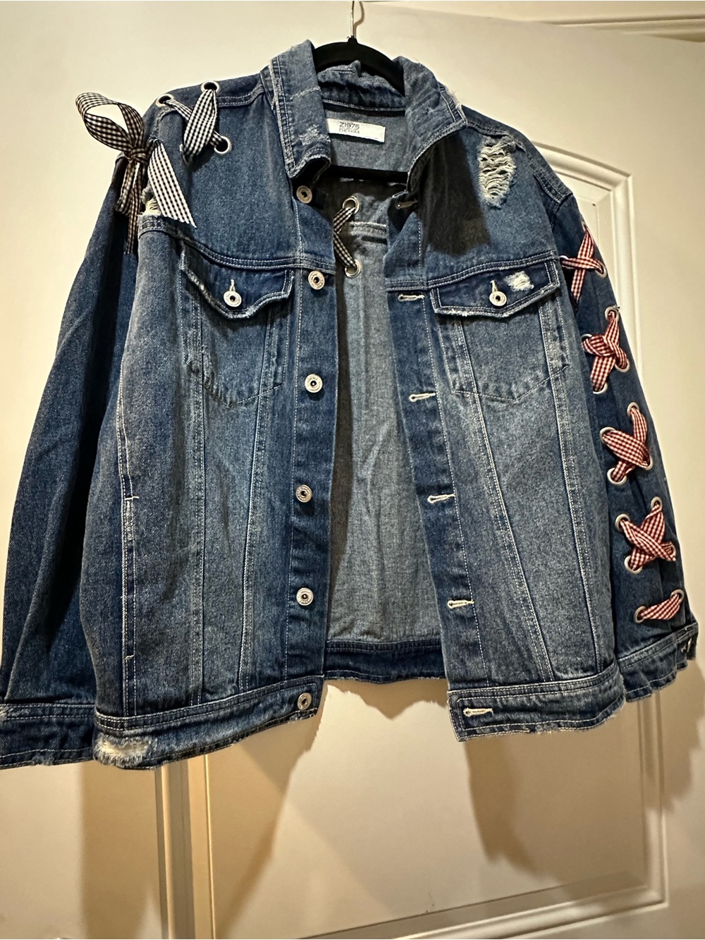 Zara Blue Distressed Denim Jacket with Gingham Ribbon Details